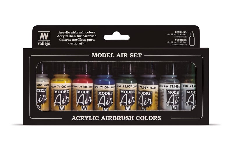 Vallejo - Model Air Basic Colors | Acrylic Paint Set | Pre Thinned Airbrush Ready Formula | 8 Basic Shades | Non-Toxic Water Based Pigments | Professional Grade Finishes - Image 1